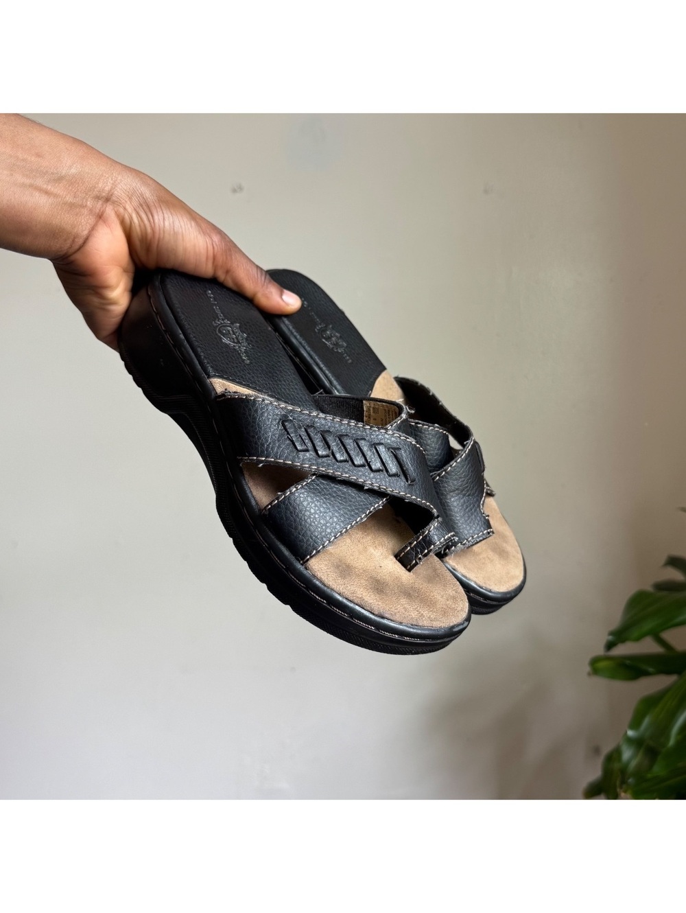 Y2K Route 66 Black Chunky Toe-Ring Slide Sandals Comfort Wedge US 6